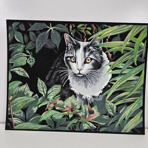 The Explorer Paint By Number Finished Acrylic Painting Black White Cat VTG 14x11
